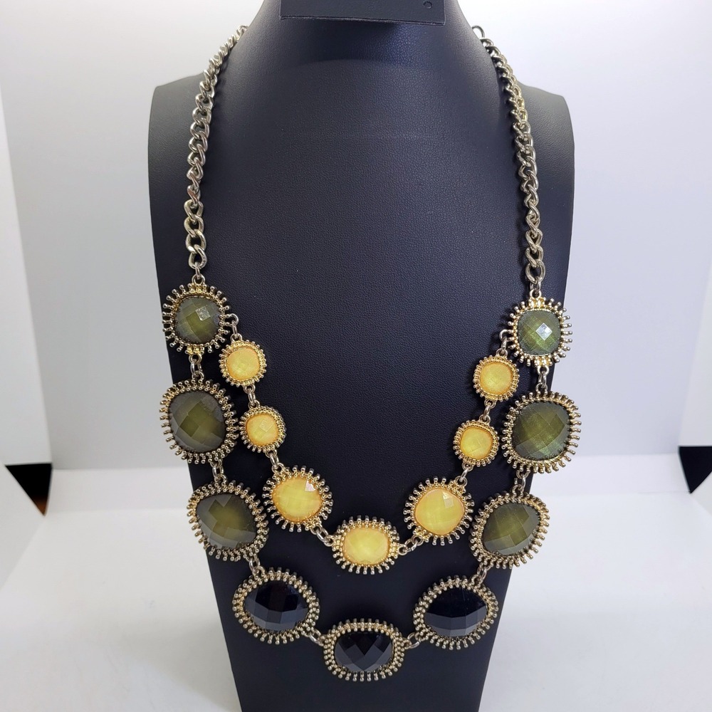 Mila Statement Necklace Gold Tone Green Yellow‎ Black Faceted Stone Bib Choker